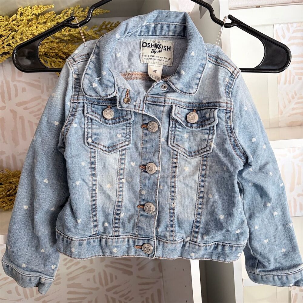 OshKosh B'gosh Girls 4T Blue Denim Jacket Heart Pattern Casual